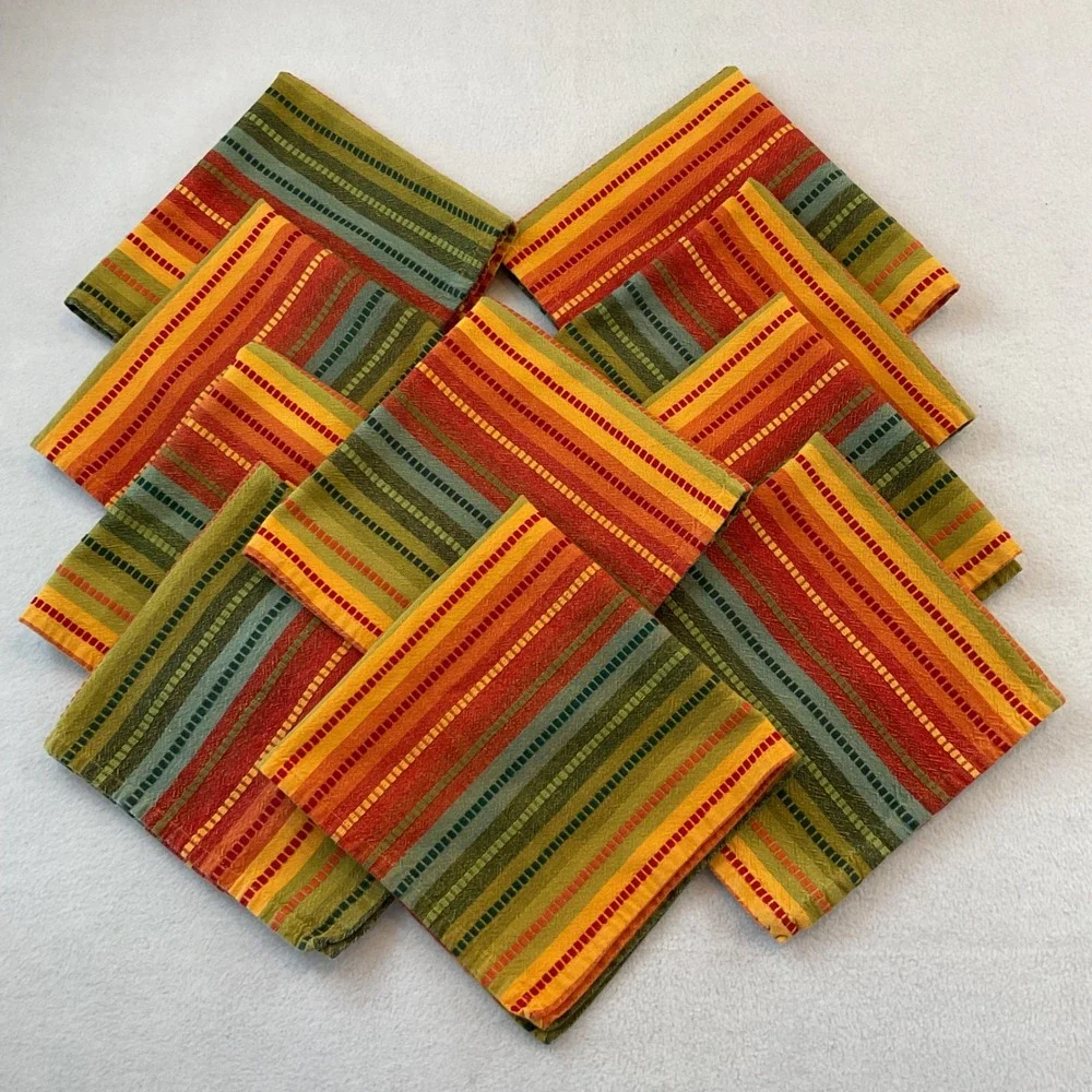 Pier 1 Vintage Striped Cloth Napkins Set of 10 Orange Green Yellow Square Autumn